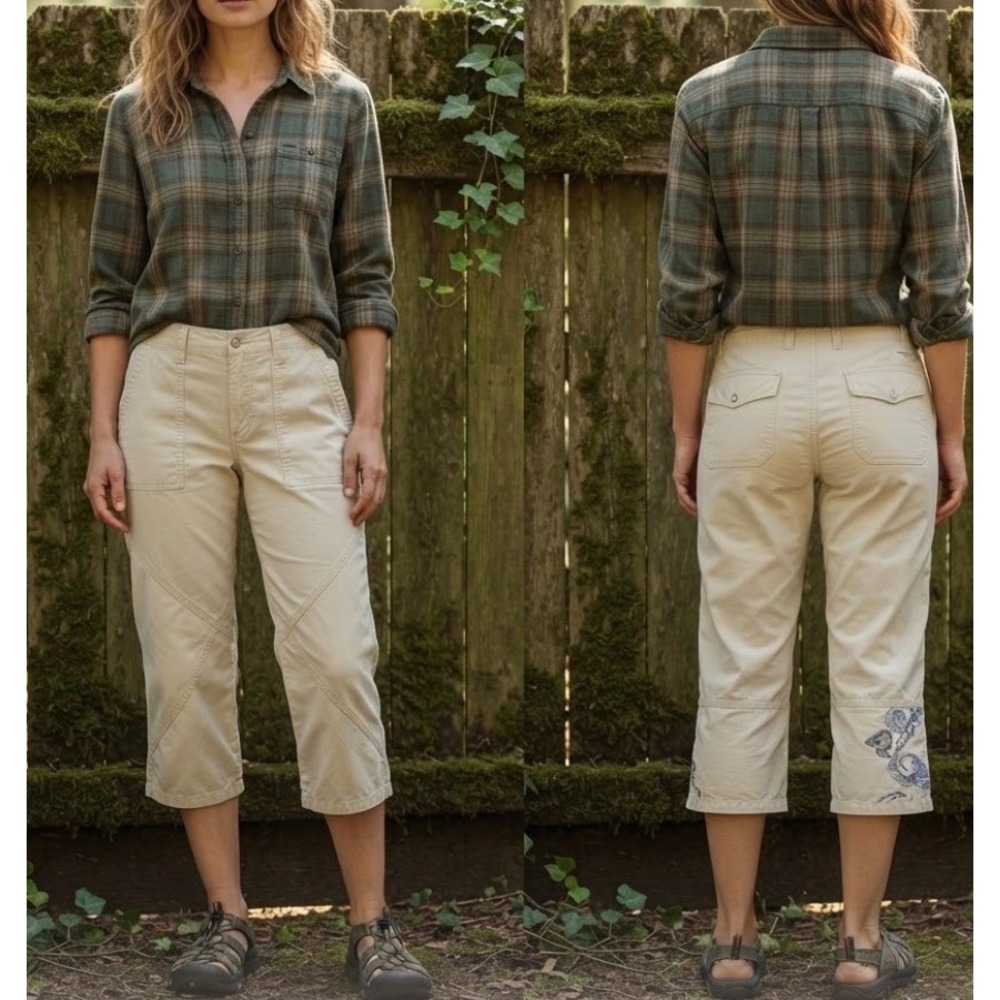 Horny Toad Tan Embroidered Capri Pants Women 10 Khaki Utility Hiking Crop